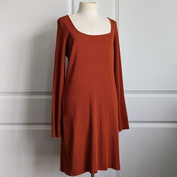 Vince Mini Dress Long Sleeve Rib Knit Square Neckline Fitted Rust Amber XL NWT - Picture 1 of 13